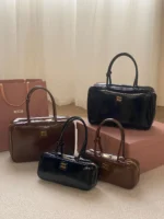 MIU MIU Beau Patent Leather Tote Bag Black | Dark Brown