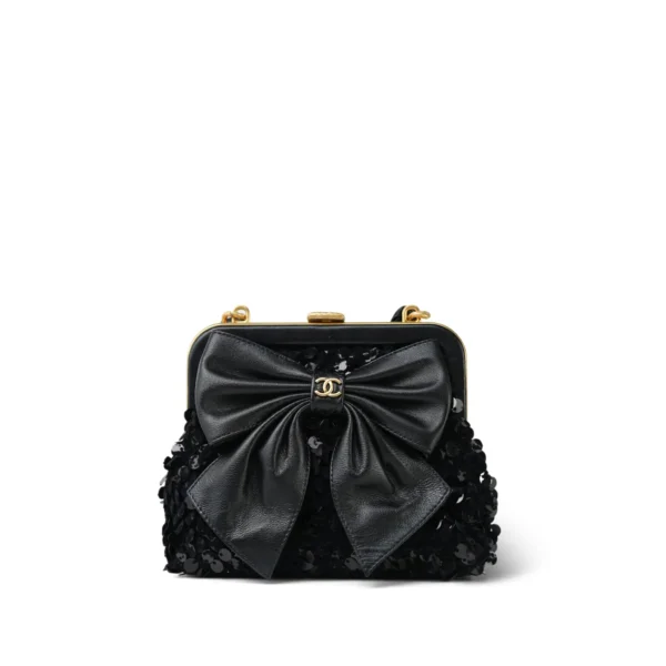 Chanel Sequin Bow Clutch Black Lambskin Tweed with Chain