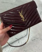 Saint Laurent Envelope WOC in Quilted Patent Leather — Dark Red Wine