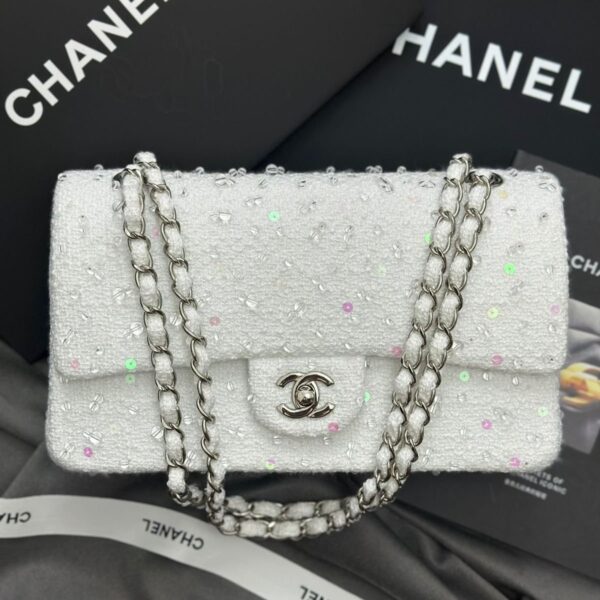 Chanel White Tweed and Sequin Classic Flap Bag with signature quilted texture, CC turn-lock, and gold-tone chain strap