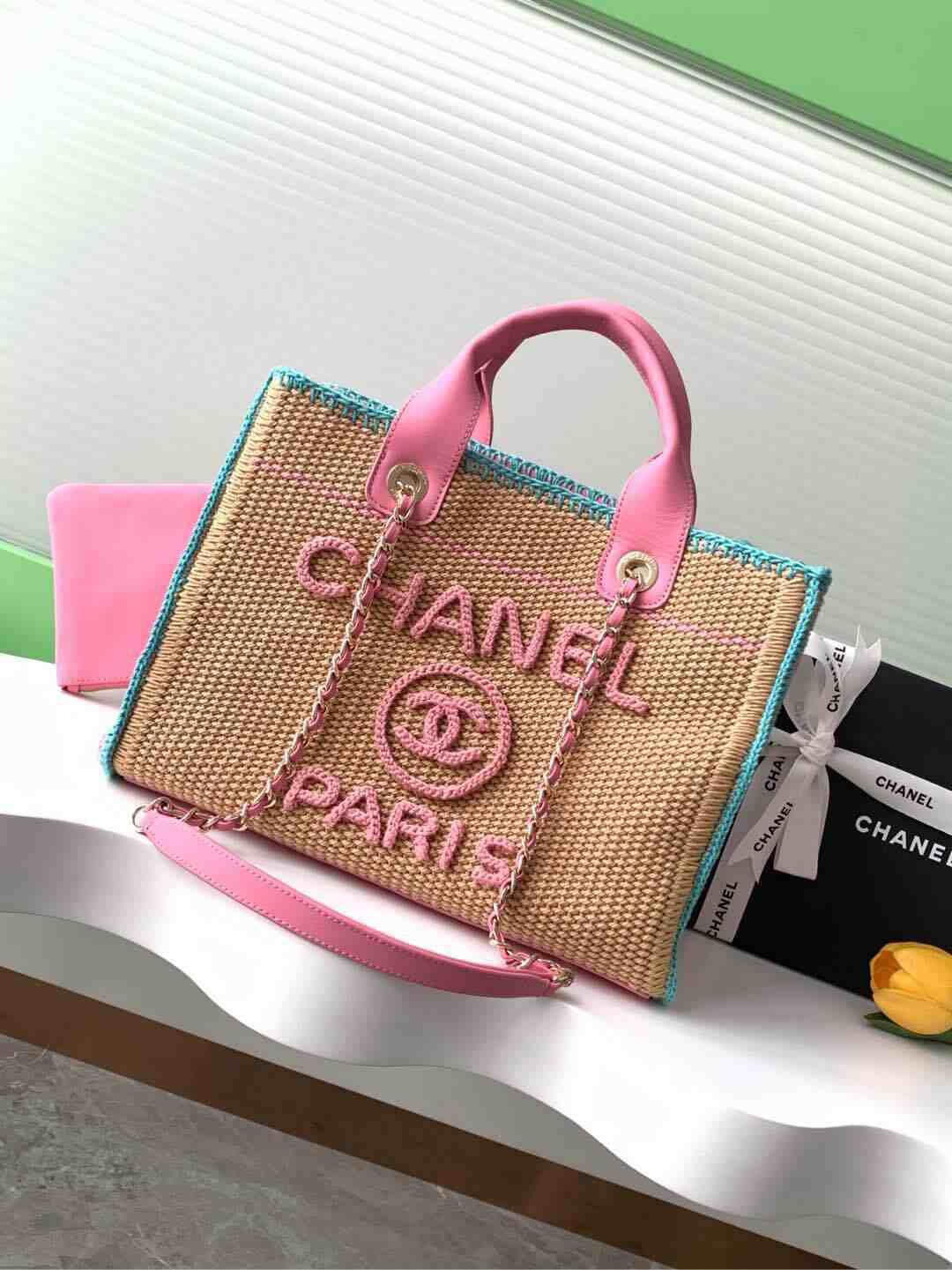 WhatsApp Image 2025-10-18 at 12.30.52 AM Chanel Raffia Crochet Medium Deauville Tote Beige Light Pink Green - Image 1