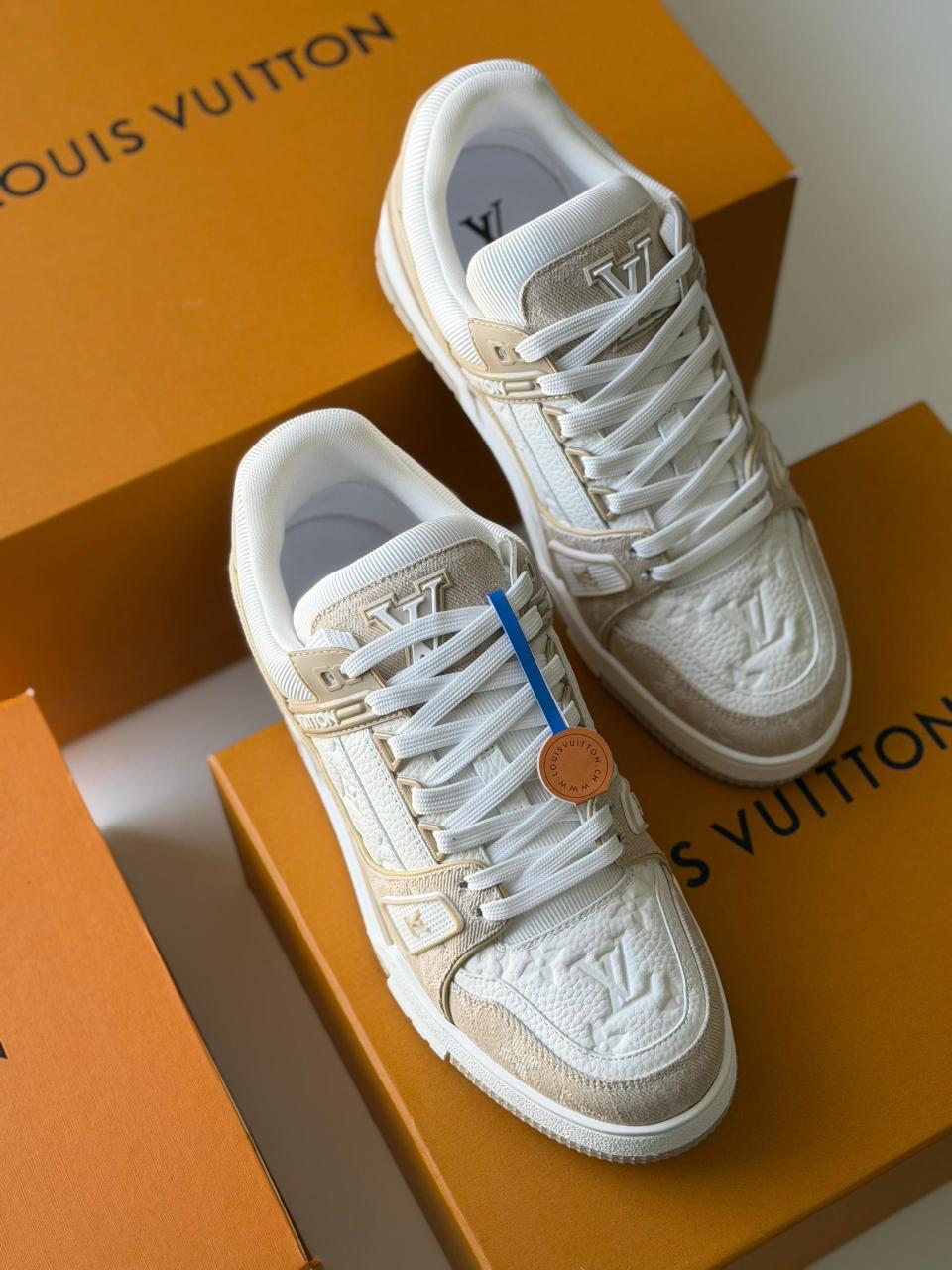 Iconic LV Trainer Sneaker - White Beige Luxury LV Trainer Sneaker White Beige Dubai Exclusive - Premium Leather Casual Shoes UAE