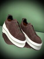 Dark Grey Suede Triple Stitch Sneakers with flexible elastic laces and tonal stitching detail