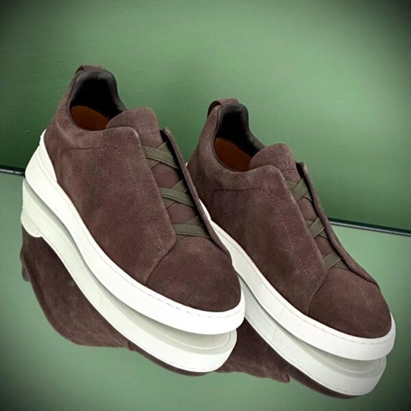 Dark Grey Suede Triple Stitch Sneakers with flexible elastic laces and tonal stitching detail