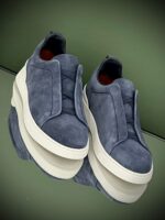 Dark Grey Suede Triple Stitch Sneakers with flexible elastic laces and tonal stitching detail