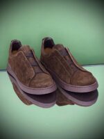 Dark Grey Suede Triple Stitch Sneakers with flexible elastic laces and tonal stitching detail