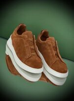 Dark Grey Suede Triple Stitch Sneakers with flexible elastic laces and tonal stitching detail