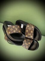 Louis Vuitton Monogram Slippers in velvet or mink fur with leather piping and all-over LV pattern