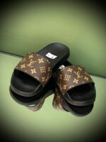 Louis Vuitton Monogram Slippers in velvet or mink fur with leather piping and all-over LV pattern