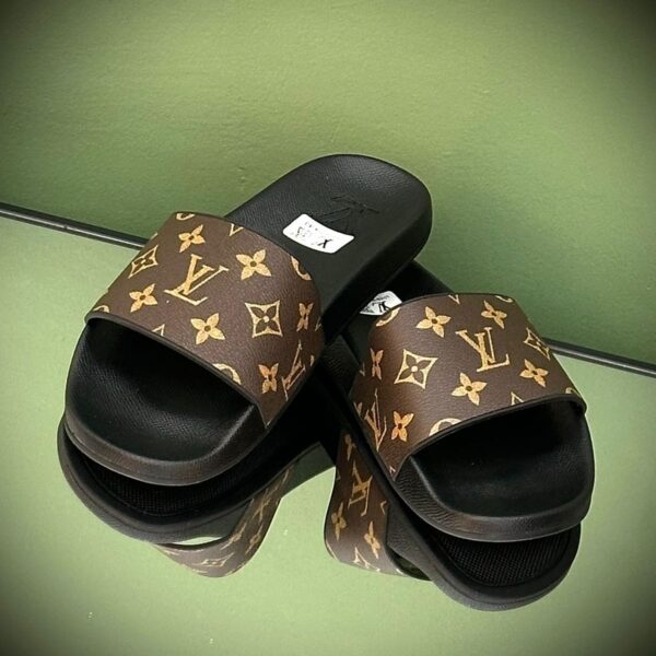 Louis Vuitton Monogram Slippers in velvet or mink fur with leather piping and all-over LV pattern