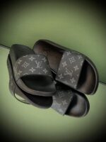 Louis Vuitton Monogram Slippers in velvet or mink fur with leather piping and all-over LV pattern