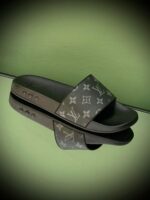 Louis Vuitton Monogram Slippers in velvet or mink fur with leather piping and all-over LV pattern