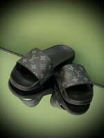 Louis Vuitton Monogram Slippers in velvet or mink fur with leather piping and all-over LV pattern