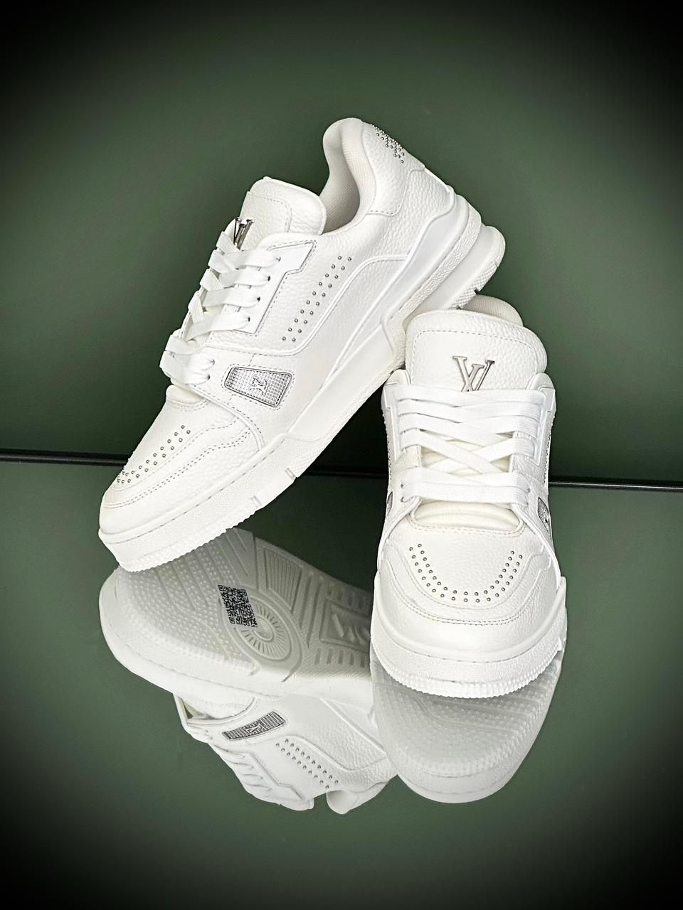 Louis Vuitton LV Trainer Sneaker in Calf Leather Louis Vuitton LV Trainer Sneaker in white calf leather with colorful detailing and Virgil Abloh design signature