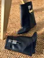 Iconic Givenchy Shark Lock Ankle Boots in black calfskin leather with fold-over shaft and signature 4G padlock