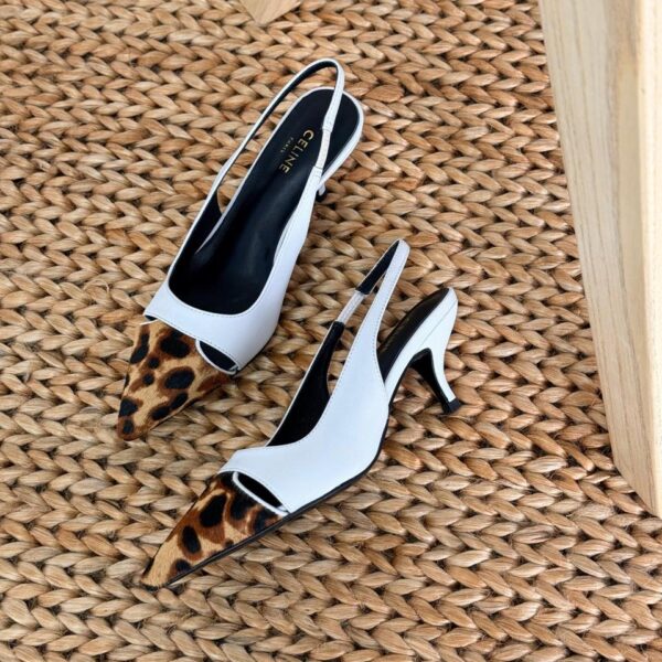 Elegant Celine Leopard Print Heels with pointed toe, black leather trim, and college-style logo detailing