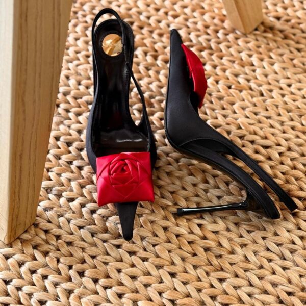 Silk Flower Appliqués Satin Slingback Stiletto Heels with pointed toe and 100mm heel height