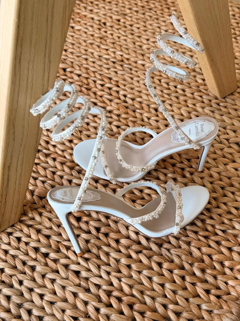 René Caovilla Pearl Crystal Sandal René Caovilla 105mm sandals with pearl and crystal wrap-around serpent straps