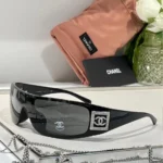 Chanel Brown Oversized Shield Sunglasses – Wrap-Around Style with Rhinestone CC Logo in Dubai UAE - Image 2